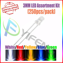 (250pcs/pack)(LED|Round 3MM) 3MM LED Assortment Kit, Ultra Bright,Water Clear, Green/Yellow/Blue/White/Red, Light Emitting Diode