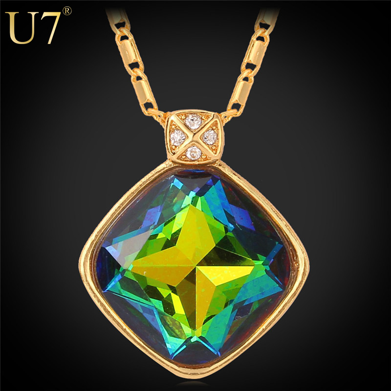 U7 Fancy Colorful Stone Necklaces Women Gift New 18K Real Gold Plated Fashion Jewelry Casual Crystal