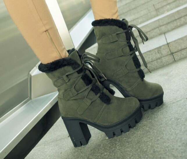 New Fashion 2014 Women s Lace Up Ankle Snow Boots Shoes Fashion Thick Platform High Heels