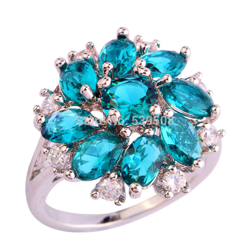 Luxuriant Cluster Flower Series Green Topaz 925 Silver Ring Size 7 8 9 10 11 12