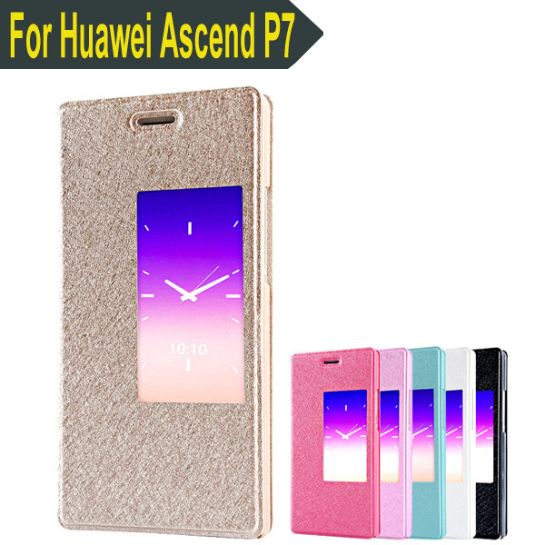 Silk Leather Mobile Phone Covers for Huawei Ascend P7 Cases with Window