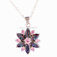 Wholesale Beauty Flower Design New Fashion Marquise Cut Rainbow Topaz & Pink Topaz 925 Free Silver Chain Necklace Pendant
