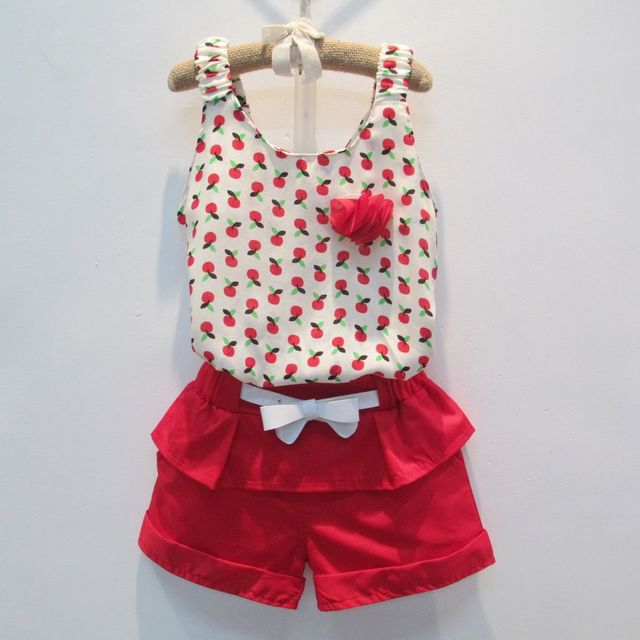 2014 Korean Summer Girls Clothing Set Fashion Chiffon Flower Vest Pants with Belt 2 Pieces Suit
