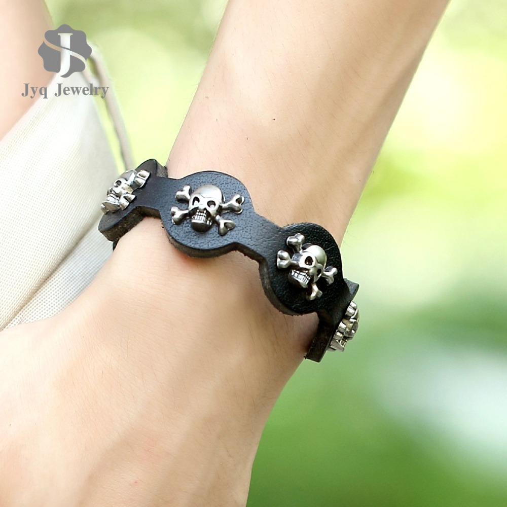Genuine Leather bracelet bangle men bracelet Punk charm bracelet cuff Rivets Men fashion jewelry black leather
