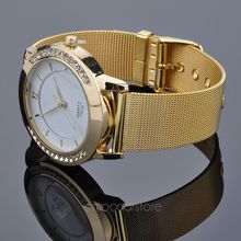 Women Dress Quartz Watch Luxury Crystal Inlaid Gold Mesh Band Watch Women Wristwatches 2015 New Clock