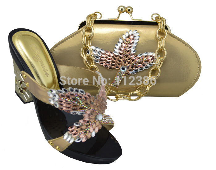 Gold color African Fashion Shoes and Matching Bags set for women with plenty glass and Italy