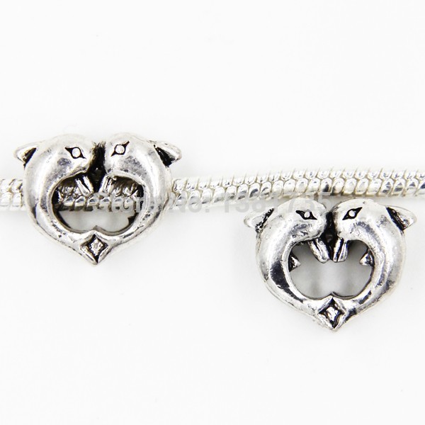 10pcs 12 16mm Lovely Dolphin Heart European Metal Beads Fit Pandora Bracelets Metal Beads Jewelry Findings