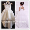 cap sleeve white lace applique long trail backless flower girl dress