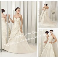 Newest A line Sweetheart Appliques Ivory Bride Wedding Dress Satin and Lace Pleated Bridal Gowns Modest ML289