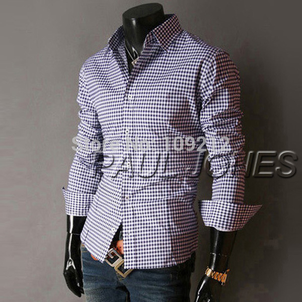 PJ New Fashion Casual Small Grid Long Sleeved Men Shirts Fashion Leisure Styles Slim Fit Stylish