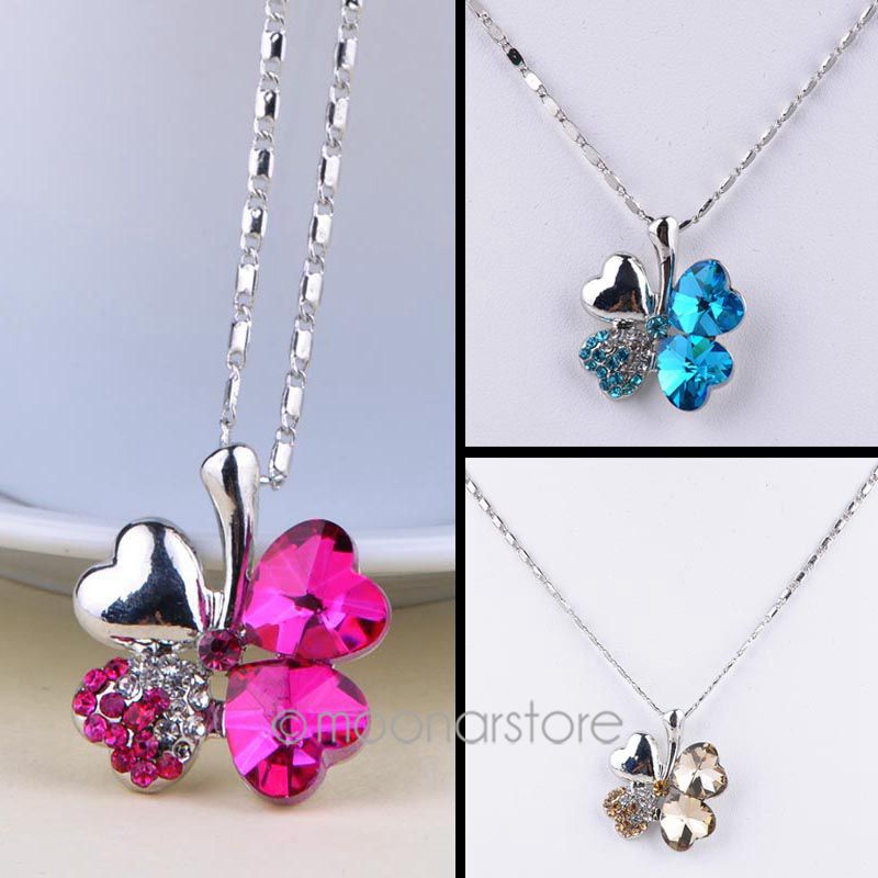 Crystal Rhinestone Four Leaves Clover Pendant Necklace Platinum Plated Jewelry for Women Girls Gifts Free Shipping