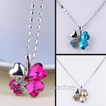 Free Shipping Gift Crystal Rinestone Four Leaf Clover Pendant Necklace Platinum Plated Jewelry for Women Girls Y20*MHM650#M5