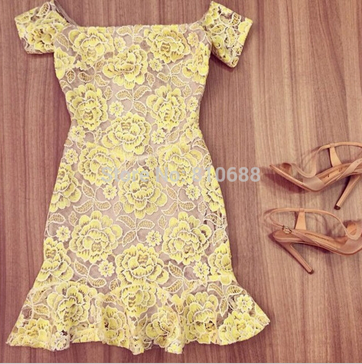 -novo-sÃ³lido-flor-de-Rose-amarelo-partido-vestido-de-renda-bonito-de ...