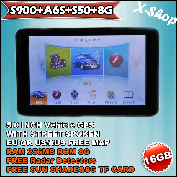 X SHOP S900 A6S S50 8G gps navigator 5 inch SIRF5 256MB SDRAM vehicle gps Touch