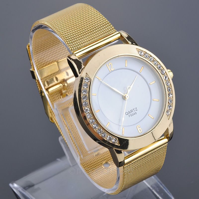 Women Dress Quartz Watches Fashion Rhinestone Golden Mesh Band Watch Woman Diamond Bracelet Watch 2014 New