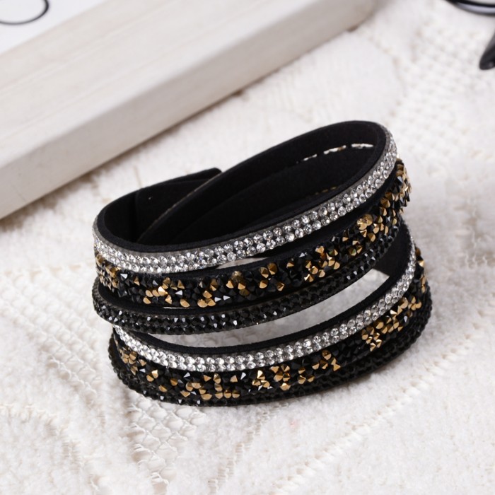 2015 New Fashion 6 Layer Wrap Bracelets Slake Leather Bracelets for women With Crystals Couple Jewelry