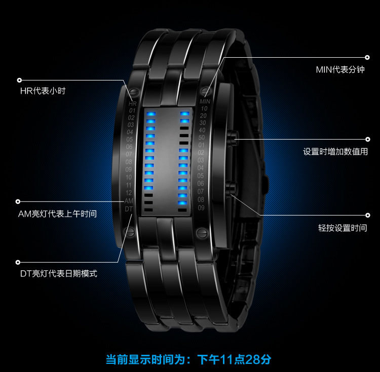Hot Waterproof Luxury Lovers Wristwatch Men Women Stainless Steel Binary Luminous LED Electronic Display Watches Cool