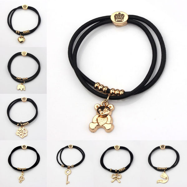 Bear Charms Bracelets Women Strong Elastic Black Rope Heart Elephant Rose Key 18K Gold Crown Hair