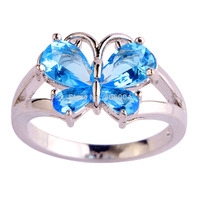 Free Shipping Wholesale New Jewelry Pear Cut Shiny Blue Topaz 925 Silver Ring Size 6 7 8 9 10 11 Beautiful Butterfly For Women\'s