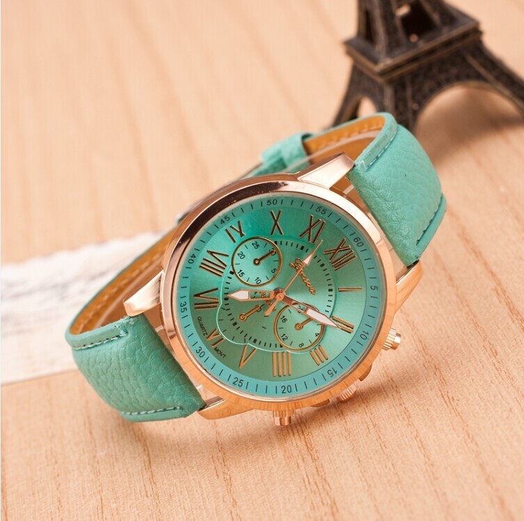 New 2014 Women Dress Watche Fashion Bracelet Geneva Roman Numerals Genuine Leather Analog Quartz Wristwatch Casual