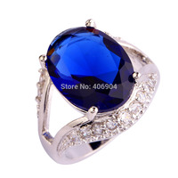 Wholesale New Jewelry Gorgeous Oval Cut Sapphire Quartz & White Topaz 925 Silver Unisex Ring Size 7 8 9 10 11 Best Selling