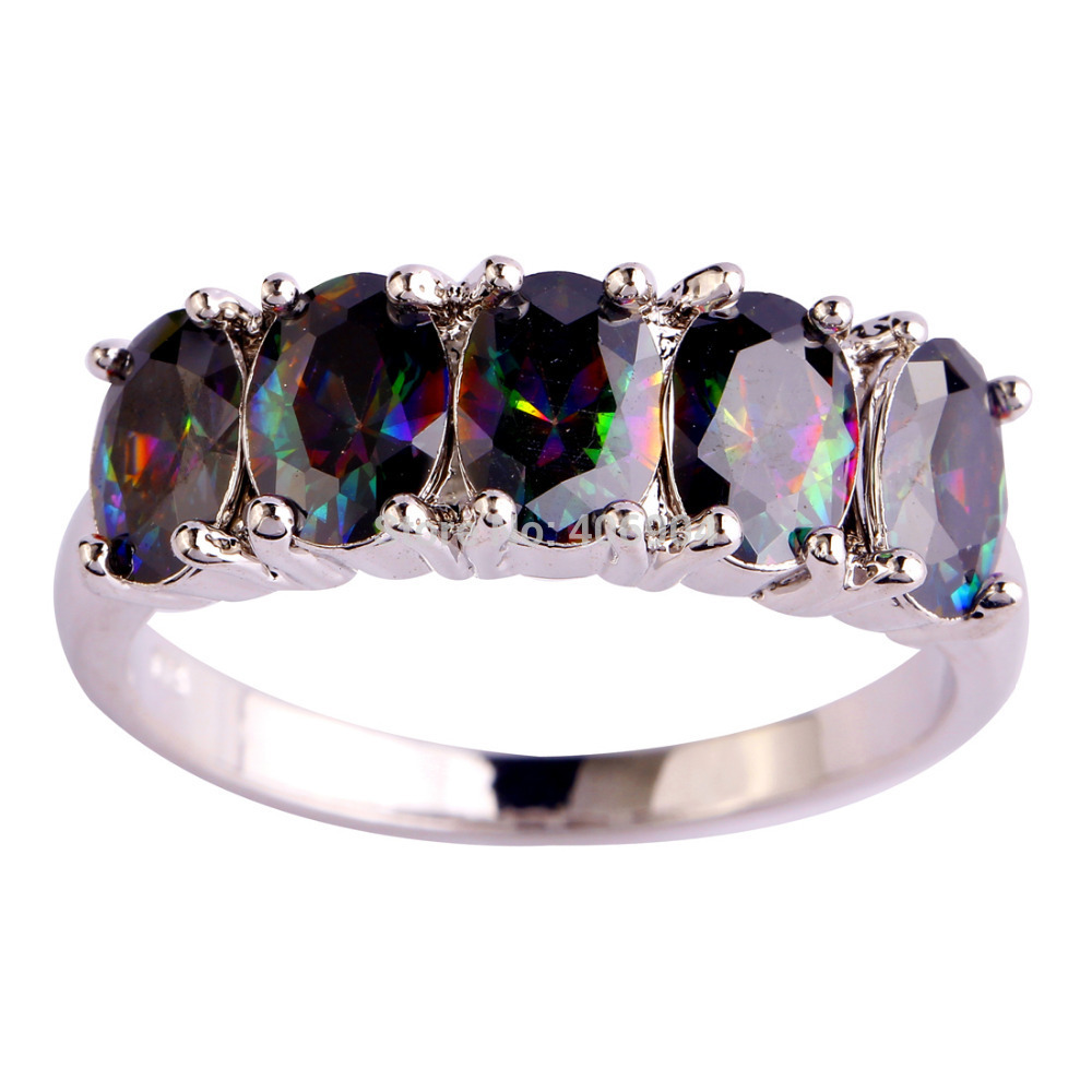 Wholesale New Mysterious Jewelry Fashion Unisex Oval Cut Rainbow Topaz 925 Silver Ring Size 6 7