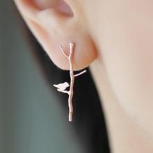 2014 fashion unique trendy vintage designer sterling silver golden tree branches lovely bird ear stud earrings