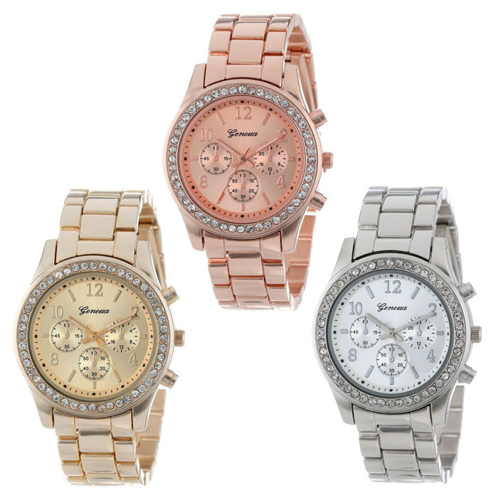 Free Shipping WholesalesFeitong Faux Chronograph Quartz Plated Classic Round Ladies Women Crystals Watch
