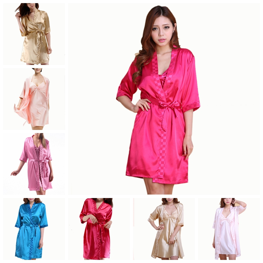 L And XL Size Women Solid Silk Sleepwear Robe Sets Multicolor Plaid Pattern Satin Robes Summer Female Rose Red Lingerie Robe Set