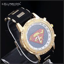 2015 Fashion 24K Gold Plated Big Men Women Quartz Watch Wristwatch Rhinestone Pave set superman bar