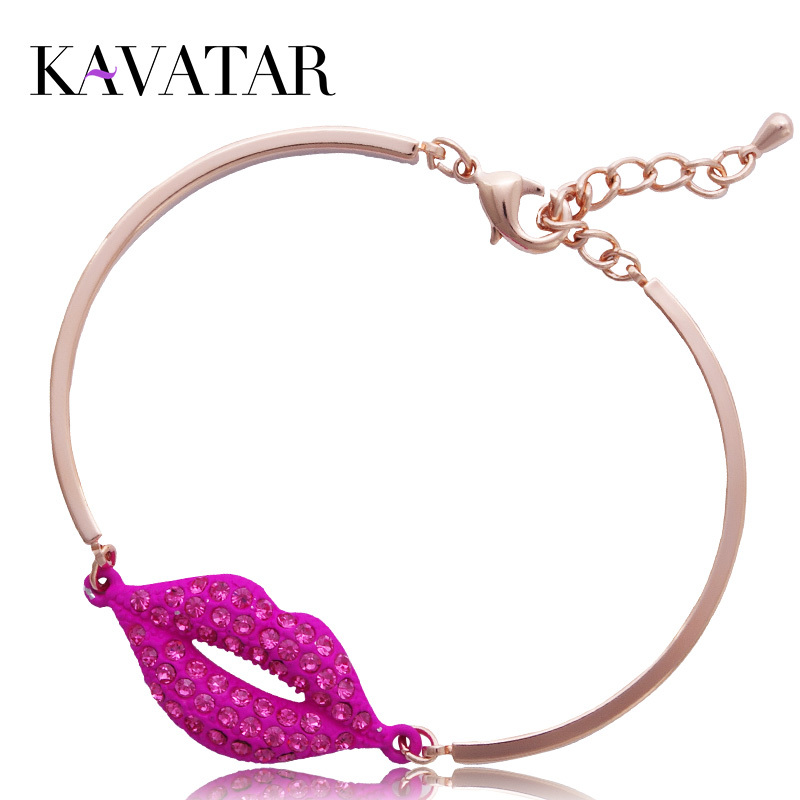 Kavatar New Arrival 2015 Sexy Red Lips Full Crystal Rhinestone Bracelet Fashion Women Jewelry Free shipping