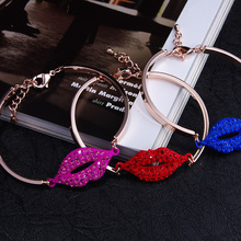 Kavatar New Arrival 2015 Sexy Red Lips Full Crystal Rhinestone Bracelet Fashion Women Jewelry Free shipping