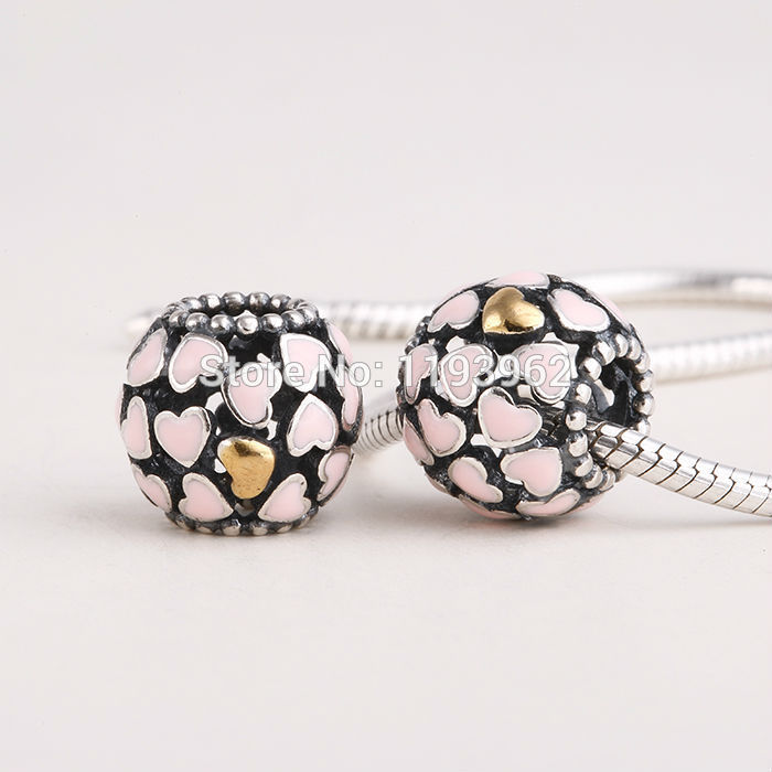 14K Gold Plated Pink Enamel Heart Charm Beads Fits Pandora Bracelets Authentic 925 Sterling Silver Heart