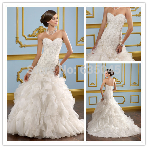 Vestido De Noiva 2015 New Arrival Fashionable Style Custom Made Organza Appliques Crystal Beading Ruffles Mermaid