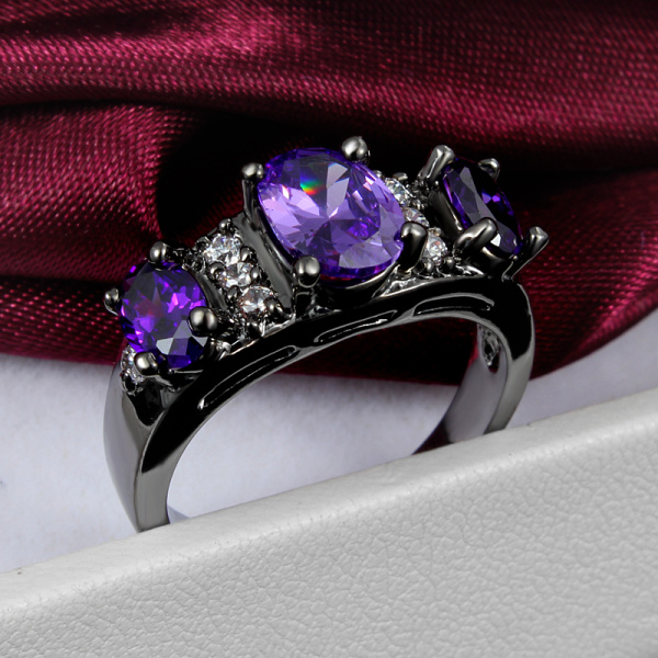 18K Black Gold Fashion Three Purple Oval Inset Zircon Crystal Finger Rings Wedding Party Birthday Women