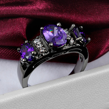 18K Black Gold Fashion Three Purple Oval Inset Zircon Crystal Finger Rings Wedding Party Birthday Women Creative Gift Size 6,7,8