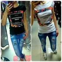 Elina\'s shop women new fashion 2015 harajuku Foral Letter print tee t-shirt s m l feminina camisetas y tops ropa mujer