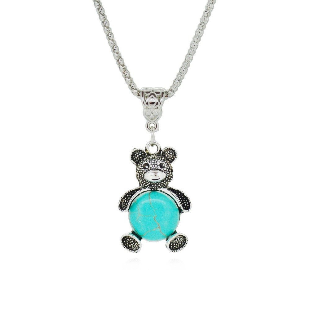 New Arrival Vintage Animal Bear Silver plated Turquoise Necklaces Fashion Pendant Jewelry For Women Long Chain