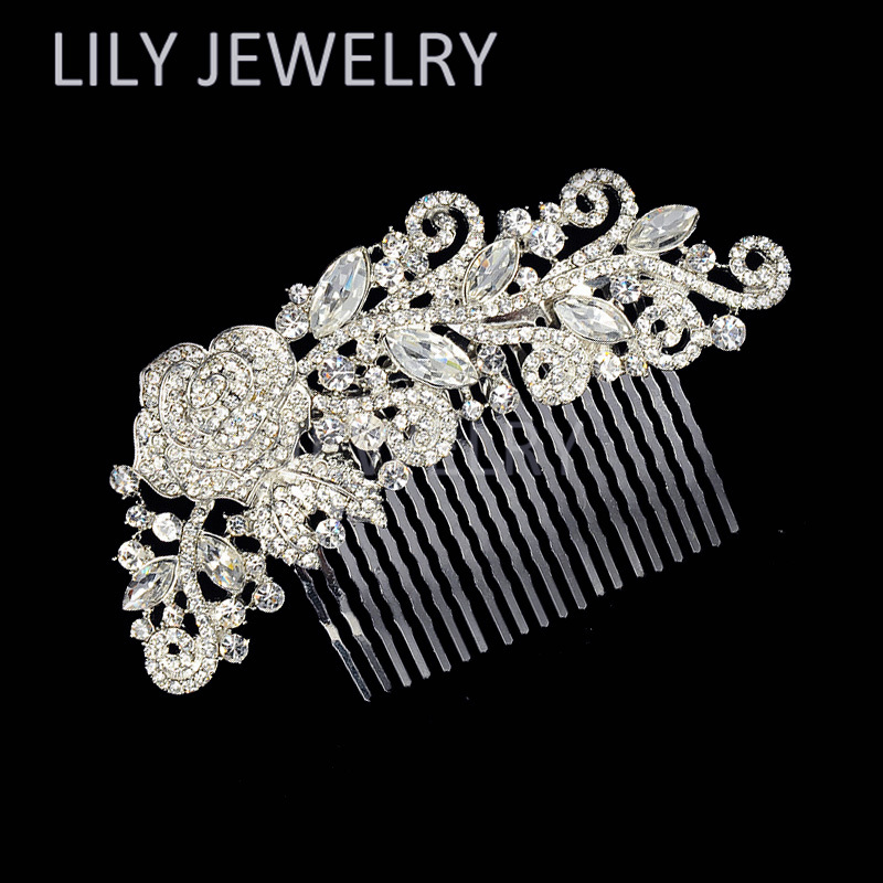 2015 New Arrival Rose Design Elegant Bridal Crystal Combs Silver Plated Wedding Accessories Hair Jewelry P