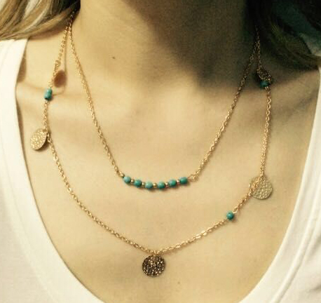Fashion jewelry New Bohemia Multilayer turquoise beads chain link round Wafer necklace for women girl wholesale
