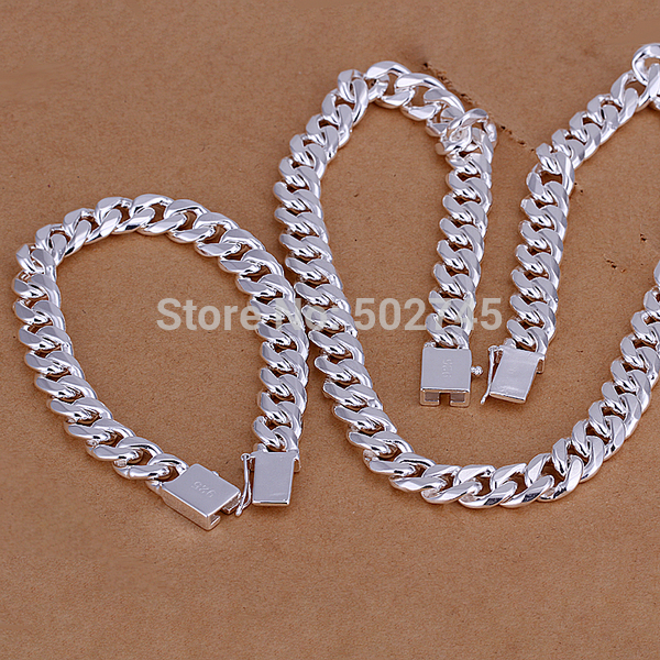 Wholesale 925 sterling silver sets of fashion jewlery Men s 10mm wide necklace bracelet fine jewelry