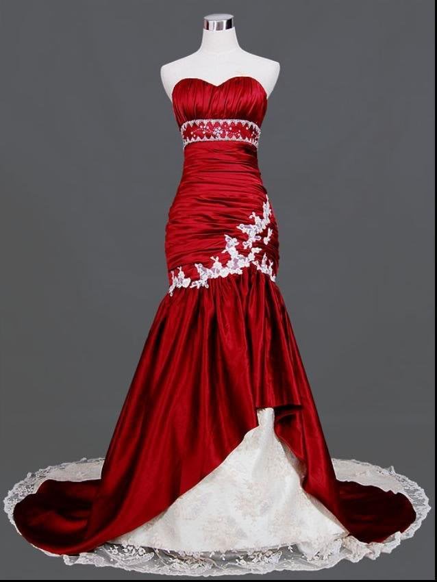2015 HOT Free Shipping Exquisite Mermaid Court Train Applique Taffeta Wedding Dresses Red Wedding Gown Bridal