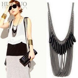 Free Shipping Wholesale Black Stone Multi Tasse Triangle Necklace,Black Stone Multilayer Tassel Sweater Chain N59(China (Mainland))