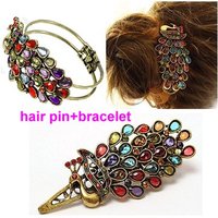 2 Pcs/Set Colorful Vintage Retro Antique Rhinestone Crystal Peacock Hair Hairpin and Bracelet Free Shipping