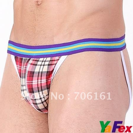 Hot Selling !Sexy Men's Grid Thong Underwear Jockstrap Briefs For Men 4 Size XS~L 2012 CL2948(China (Mainland))