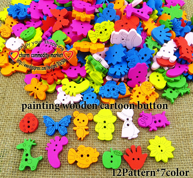 200pcs 9pattern mixed wooden colot cartoons cloth sewing button jewelry accessory charms crafts WCB-058