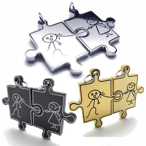Free Shipping Fashion Jewelry Puzzle Jigsaw Boy Girl Pendant 316L Stainless Steel Necklace Lovers Couple Necklaces