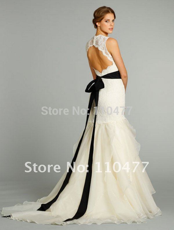 Lace wedding dress with black sash
