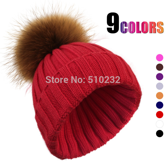 wool Apparel Beanie   Large pom Pom Wool pom Fur With with beanie Raccoon hat  fur  Accessories 30 White