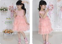 Pretty Kids Girls light pink ribbon bow Lace ruffles Beautiful Princess Dress for 4-10 years old